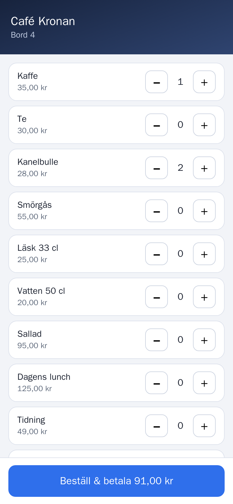 Bordsbeställning i mobilen: menyn för bord 4 med knappen Beställ och betala