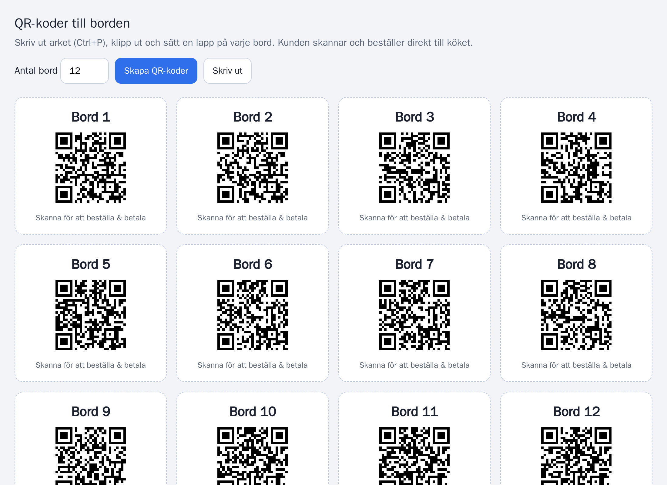 Utskrivbart ark med QR-koder för bord 1 till 12, en lapp per bord